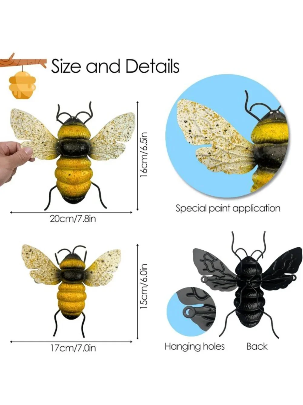 Metal Bee Wall Art Set - 2Pcs Outdoor Garden Decor, Bumble Bee Home & Yard